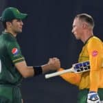 ABU DHABI, UNITED ARAB EMIRATES - OCTOBER 20: Rassie van der Dussen of South Africa shakes hands with Shaheen Shah Afridi of Pakistan after the Pakistan and South Africa warm Up Match prior to the ICC Men's T20 World Cup at on October 20, 2021 in Abu Dhabi, United Arab Emirates. (Photo by Gareth Copley-ICC/ICC via Getty Images)