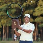 INZAI, JAPAN - OCTOBER 24: Hideki Matsuyama of Japan poses with the trophy after winning the tournament following the final round of the ZOZO Championship at Accordia Golf Narashino Country Club on October 24, 2021 in Inzai, Chiba, Japan. (Photo by Atsushi Tomura/Getty Images)