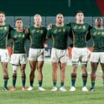 South Africa national anthem before the Cup Final against USA on day two of the Dubai Emirates Airline Rugby Sevens 2021 men's competition on 27 November, 2021. Photo credit: Mike Lee - KLC fotos for World Rugby/BackpagePix