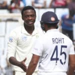 Kagiso Rabada of South Africa celebrates wicket of Rohit Sharma of India, shakes his hand in recognition during Day Two of the Third Test of the 2019 International Series between India and South Africa at the JSCA International Cricket Stadium in Ranchi, India on 20 October 2019 ©Gavin Barker/BackpagePix
