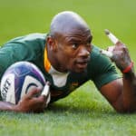 EDINBURGH, SCOTLAND - NOVEMBER 13: Makazole Mapimpi of South Africa going over for a try during the 2021 Castle Lager Outgoing Tour match between South Africa and Scotland at Murrayfield on November 13, 2021 in Edinburgh, Scotland. (Photo by Steve Haag/Gallo Images)