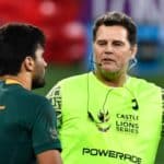 Cape Town , South Africa - 31 July 2021; South Africa head coach Rassie Erasmus speaks with Damian de Allende of South Africa during the second test of the British and Irish Lions tour match between South Africa and British and Irish Lions at Cape Town Stadium in Cape Town, South Africa. (Photo By Ashley Vlotman/Sportsfile via Getty Images)