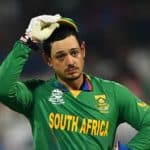 SHARJAH, UNITED ARAB EMIRATES - NOVEMBER 06: Quinton de Kock of South Africa reacts during the ICC Men's T20 World Cup match between England and SA at Sharjah Cricket Stadium on November 06, 2021 in Sharjah, United Arab Emirates. (Photo by Alex Davidson/Getty Images)