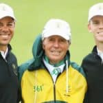 RIO DE JANEIRO, BRAZIL - AUGUST 10: Jaco van Zyl (L) and Brandon Stone (R) of South Africa pose with team leader Gary Player during a practice round on Day 4 of the Rio 2016 Olympic Games at Olympic Golf Course on August 10, 2016 in Rio de Janeiro, Brazil. (Photo by Scott Halleran/Getty Images)