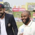 (l-r) Presenter Murali Kartik, Faf du Plessis, Virat Kohli and Temba Bavuma share joke. Bavuma called the toss, assisting Du Plessis during Day One of the Third Test of the 2019 International Series between India and South Africa at the JSCA International Cricket Stadium in Ranchi, India on 19 October 2019 ©Gavin Barker/BackpagePix