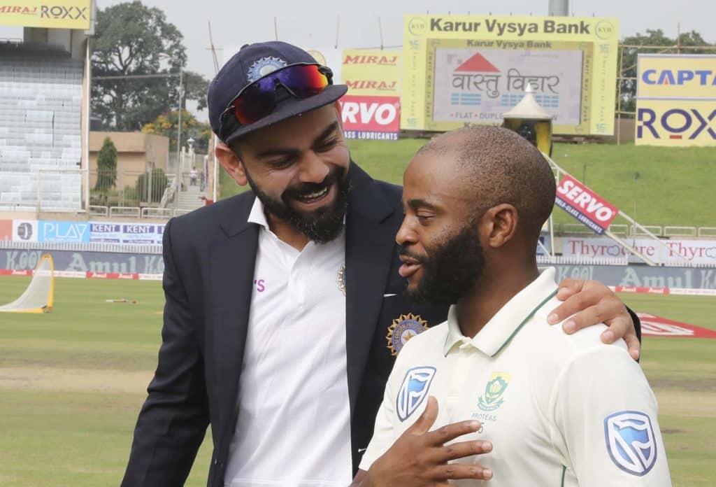 Virat Kohli and Temba Bavuma. Bavuma called the toss, assiting Du Plessis during Day One of the Third Test of the 2019 International Series between India and South Africa at the JSCA International Cricket Stadium in Ranchi, India on 19 October 2019 ©Gavin Barker/BackpagePix
