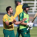 Tabraiz Shamsi of South Africa celebrates after George Linde of South Africa catches out Haider Ali of Pakistan during the 2021 KFC T20 match between South Africa and Pakistan at Wanderers Stadium in Johannesburg on the 12 April 2021 ©Muzi Ntombela/BackpagePix