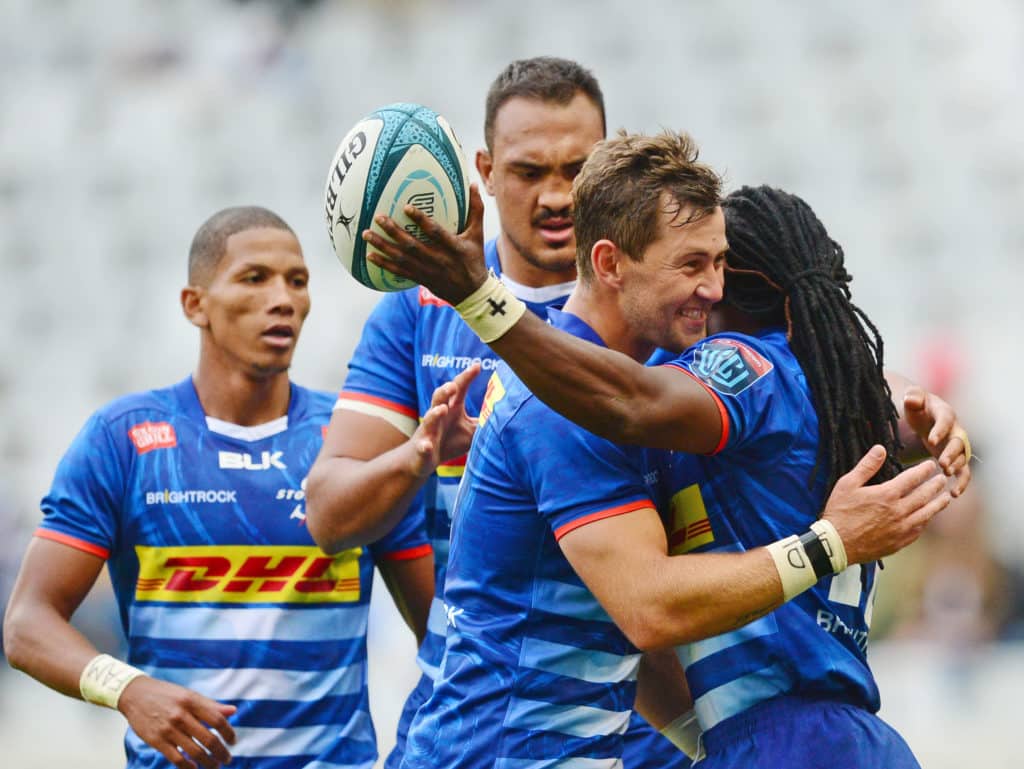 Stormers players celebrate a try scored by Seabelo Senatla of the Stormers during the United Rugby Championship 2021/2 game between the Stormers and the Lions at Cape Town Stadium in Cape Town on 4 December 2021 © Ryan Wilkisky/BackpagePix