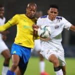 Thapelo Morena of Mamelodi Sundowns challenged by Kegan Johannes of Supersport United