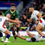 Mandatory Credit: Photo by Billy Stickland/INPHO/Shutterstock/BackpagePix (12611048u) England vs South Africa. South Africa's Damian de Allende comes up against Marcus Smith and Joe Marchant of England Autumn Nations Series, Twickenham Stadium, London, England - 20 Nov 2021