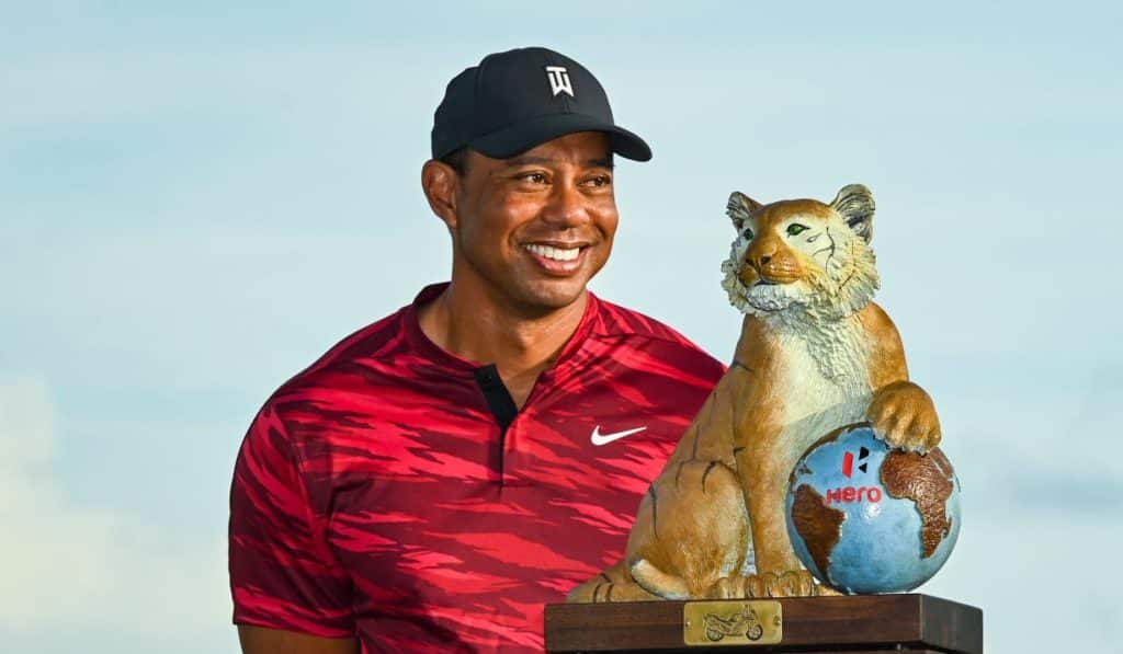NASSAU, BAHAMAS - DECEMBER 05: Tournament host Tiger Woods smiles with Viktor Hovland of Norway during the trophy ceremony following Hovlands victory in the final round of the Hero World Challenge at Albany on December 5, 2021, in Nassau, New Providence, Bahamas. (Photo by Keyur Khamar/PGA TOUR via Getty Images)
