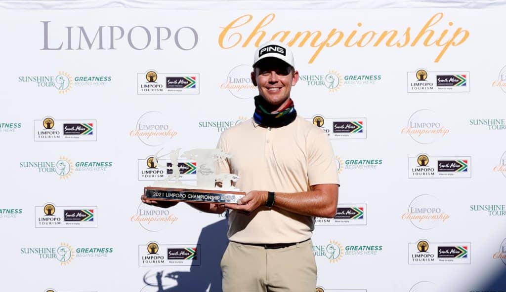 JOHANNESBURG, SOUTH AFRICA - APRIL 25: Brandon Stone of South Africa poses with the trophy after winning the Limpopo Championship at Euphoria Golf Club, Modimolle on April 25, 2021 in Johannesburg, South Africa. (Photo by Luke Walker/Getty Images)