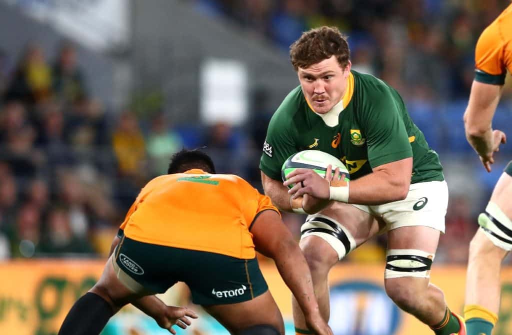GOLD COAST, AUSTRALIA - SEPTEMBER 12: Jasper Wiese of South Africa charges forward during the Rugby Championship match between the South Africa Springboks and the Australian Wallabies at Cbus Super Stadium on September 12, 2021 in Gold Coast, Australia. (Photo by Chris Hyde/Getty Images)