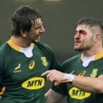 CARDIFF, WALES - NOVEMBER 06: Malcolm Marx of South Africa with an injured eye with Eben Etzebeth at the final whistle during the Autumn Nations Series match between Wales and South Africa at Principality Stadium on November 06, 2021 in Cardiff, Wales. (Photo by David Rogers/Getty Images)