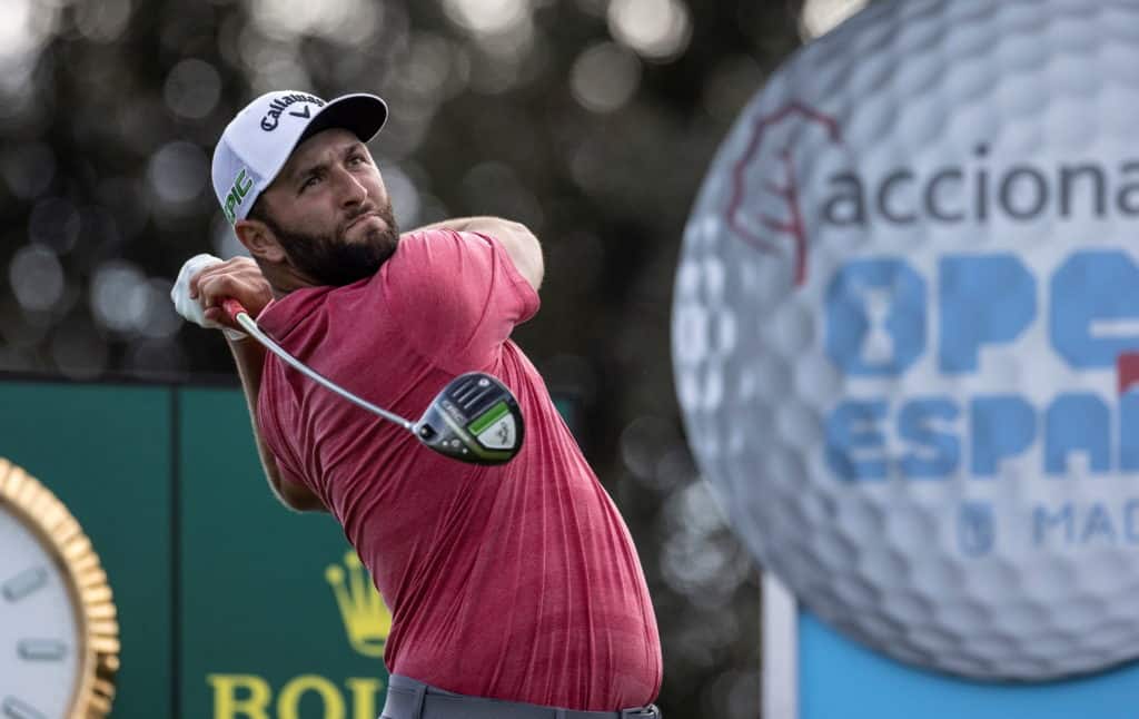 epa09516865 Spanish golfer Jon Rahm tees off during the last round of the Acciona Open Espana Golf tournament at the Club de Campo Villa country club in Madrid, Spain, 10 October 2021. EPA/Mariscal