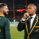 Elton Jantjies with Willie le Roux of South Africa during the international rugby match between South Africa and England at the Free State Stadium, Bloemfontein on 16 June 2018 ©Muzi Ntombela/BackpagePix