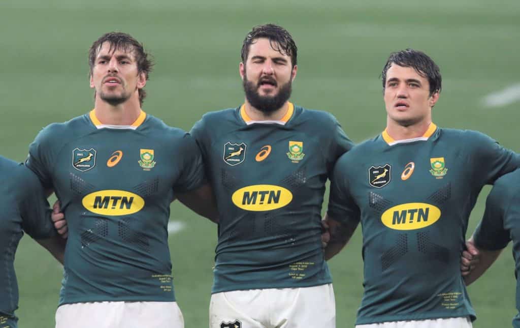 (L-R) Bongi Mbonambi, Frans Malherbe, Eben Etzebeth, Lood de Jager, Franco Mostert, Jasper Wiese of South Africa during the Third Test of the 2021 British and Irish Lions Rugby Tour between South Africa and BI Lions at Cape Town Stadium on 07 August 2021 ©BackpagePix