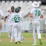 South Africa celebrate as Kagiso Rabada gets the wicket of Ajinkya Rahane of India during day 1 of the third 2021 Betway Test Series game between South Africa and India at Newlands Cricket Ground in Cape Town on 11 January 2022 © Ryan Wilkisky/BackpagePix