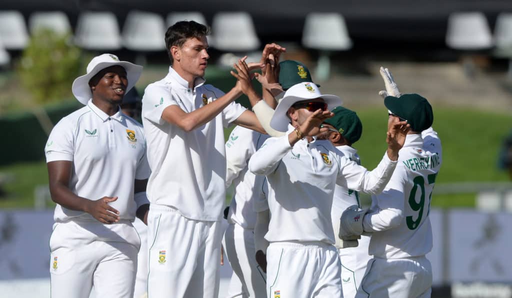 Marco Jansen of South Africa celebrates with teammates after getting the wicket of KL Rahul of India during day 2 of the third 2021 Betway Test Series game between South Africa and India at Newlands Cricket Ground in Cape Town on 12 January 2022 © Ryan Wilkisky/BackpagePix
