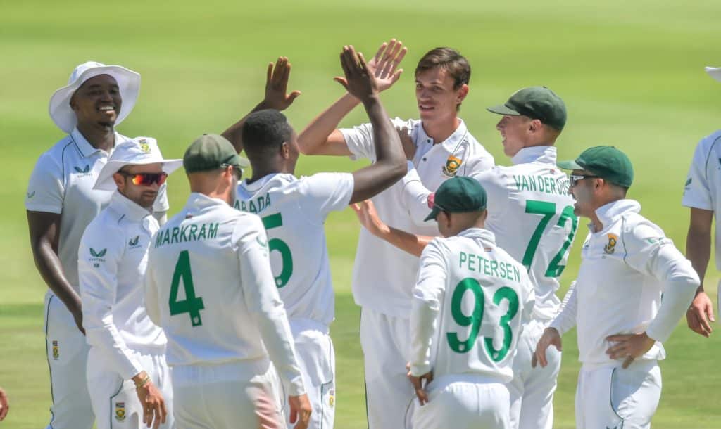 Marco Jansen of South Africa celebrating after getting the wicket of KL Rahul (C) of India during day 1 of the 2022 Betway 2nd Test match between South Africa and India held at the Wanderers in Johannesburg on 3 January 2022 ©Christiaan Kotze/BackpagePix