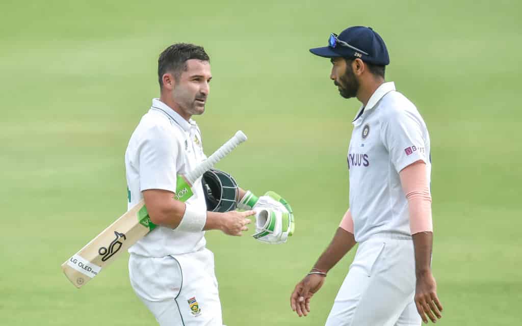 Dean Elgar (C) of South Africa walks past Jasprit Bumrah of India at the end of play with his score on 46 runs during day 3 of the 2022 Betway 2nd Test match between South Africa and India held at the Wanderers in Johannesburg on 5 January 2022 ©Christiaan Kotze/BackpagePix