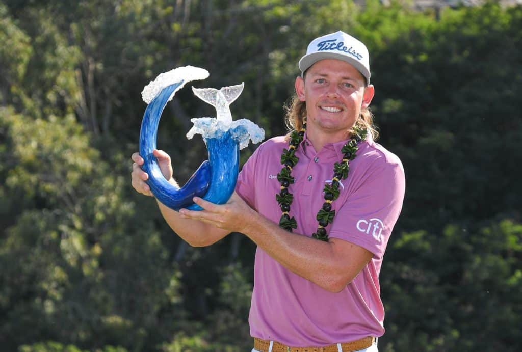 KAPALUA, MAUI - HI - JANUARY 09: Cameron Smith of Australia holds the trophy on the 18th green after the final round of the Sentry Tournament of Champions on the Plantation Course at Kapalua on January 9, 2022 in Kapalua, Maui, Hawaii. (Photo by Ben Jared/PGA TOUR via Getty Images)