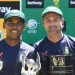 CAPE TOWN, SOUTH AFRICA - JANUARY 14: Keegan Peterson pose the Man of the Match and the Series trophies and Dean Elgar (captain) of South Africa with the Freedom trophy during day 4 of the 3rd Betway WTC Test match between South Africa and India at Six Gun Grill Newlands on January 14, 2022 in Cape Town, South Africa. (Photo by Ashley Vlotman/Gallo Images)
