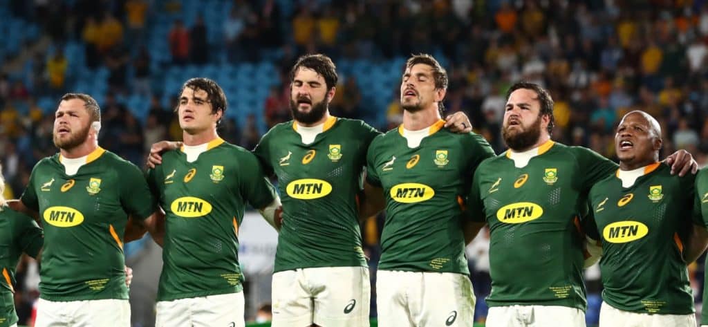 GOLD COAST, AUSTRALIA - SEPTEMBER 12: South Africa sing the national anthem ahead of the Rugby Championship match between the South Africa Springboks and the Australian Wallabies at Cbus Super Stadium on September 12, 2021 in Gold Coast, Australia. (Photo by Chris Hyde/Getty Images)