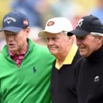 (L-R) Tom Watson, Jack Nicklaus and Gary Player walk together during the Par 3 contest prior to the start of the 80th Masters of Tournament at the Augusta National Golf Club on April 6, 2016, in Augusta, Georgia. / AFP / Jim Watson (Photo credit should read JIM WATSON/AFP via Getty Images)