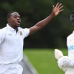South Africa's Kagiso Rabada celebrates the wicket of Will Young during play on day 2 of the 2nd test between South Africa and New Zealand at Hagley Oval in Christchurch, New Zealand. Saturday 26 February 2022. Photo: Andrew Cornaga / www.photosport.nz / BackpagePix