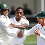 South Africa's Kagiso Rabada and team mates celebrate the wicket of Will Young on day 4 of the 2nd test between South Africa and New Zealand at Hagley Oval in Christchurch, New Zealand. Monday 28 February 2022. Photo: Andrew Cornaga / www.photosport.nz / BackpagePix