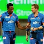 Kagiso Rabada of Delhi Capitals and Anrich Nortje of Delhi Capitals during match 34 of season 13 of the Indian Premier League (IPL ) between the Delhi Capitals and the Chennai Super Kings held at the Sharjah Cricket Stadium, Sharjah in the United Arab Emirates on the 17th October 2020. Photo by: Rahul Gulati / Sportzpics for BCCI