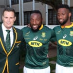 Rassie Erasmus, coach of South Africa (l), Tendai Mtawarira (c), and Siya Kolisi of South Africa during the 2018 Rugby International South Africa Press Conference and Team Picture at Tsogo Sun Hotel, Bloemfontein on 15 June 2018 ©Muzi Ntombela/BackpagePix
