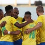 Themba Zwane of Mamelodi Sundowns celebrates goal with teammates during the CAF Champions League 21/22 match between Mamelodi Sundowns and Al Hilal