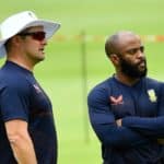 CAPE TOWN, SOUTH AFRICA - JANUARY 09: Mark Boucher and Temba Bavuma during the South African national cricket team training session at Six Gun Grill Newlands on January 09, 2022 in Cape Town, South Africa. (Photo by Ashley Vlotman/Gallo Images)