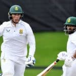 South Africa's Rassie van der Dussen (L) and Temba Bavuma run between the wickets on day three of the second cricket Test match between New Zealand and South Africa at Hagley Oval in Christchurch on February 27, 2022. (Photo by Sanka Vidanagama / AFP) (Photo by SANKA VIDANAGAMA/AFP via Getty Images)