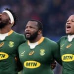 LONDON, ENGLAND - NOVEMBER 20: South Africa captain, Siya Kolisi sings their National Anthem alongside teammates prior to the Autumn Nations Series match between England and South Africa at Twickenham Stadium on November 20, 2021 in London, England. (Photo by Laurence Griffiths/Getty Images)