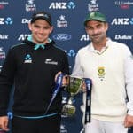 Captain's Tom Latham of New Zealand and Dean Elgar of South Africa with the series trophy drawn 1-1 on day 5 of the 2nd test between South Africa and New Zealand at Hagley Oval in Christchurch, New Zealand. Tuesday 1 March 2022. Photo: Andrew Cornaga / www.photosport.nz / BackpagePix