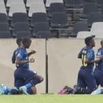 Khuliso Mudau of Mamelodi Sundowns celebrates scoring a goal against TS Galaxy