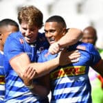 CAPE TOWN, SOUTH AFRICA - MARCH 26: Leolin Zas of the Stormers celebrate after scoring a try during the United Rugby Championship match between DHL Stormers and Ulster at DHL Stadium on March 26, 2022 in Cape Town, South Africa. (Photo by Ashley Vlotman/Gallo Images)