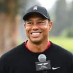 PACIFIC PALISADES, CA - FEBRUARY 20: Tournament host Tiger Woods speaks after The Genesis Invitational on February 20, 2022, at Riviera Country Club in Pacific Palisades, CA. (Photo by Brian Rothmuller/Icon Sportswire via Getty Images)