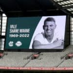 A potrait of former Australian cricketing great Shane Warne looks out over the Melbourne Cricket Ground (MCG) after it was announced the ground's Great Southern Stand will be renamed after Warne, in Melbourne on March 5, 2022. - Australia cricket great Shane Warne -- one of the best Test players of all time -- has died of a suspected heart attack aged 52. (Photo by William WEST / AFP) (Photo by WILLIAM WEST/AFP via Getty Images)