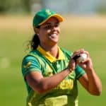 South Africa's Chloe Tryon prepares to bowl during 2022 Women's Cricket World Cup match between England and South Africa at Bay Oval in Tauranga on March 14, 2022. (Photo by John COWPLAND / AFP) (Photo by JOHN COWPLAND/AFP via Getty Images)