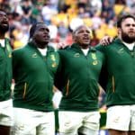 BRISBANE, AUSTRALIA - SEPTEMBER 18: South Africa sing the national anthem prior to The Rugby Championship match between the Australian Wallabies and the South Africa Springboks at Suncorp Stadium on September 18, 2021 in Brisbane, Australia. (Photo by Chris Hyde/Getty Images)