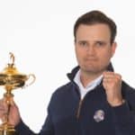 PALM BEACH GARDENS, FL - FEBRUARY 28: 2023 United States Ryder Cup Captain, Zach Johnson poses with the Ryder Cup trophy during the 2023 United States Ryder Cup Captain Announcement at the PGA of America Headquarters on February 28, 2022 in Palm Beach Gardens, Florida. (Photo by Montana Pritchard/PGA of America via Getty Images)
