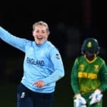 CHRISTCHURCH, NEW ZEALAND - MARCH 31: Sophie Ecclestone of England celebrates her sixth wicket after dismissing Trisha Chetty of South Africa and to win the 2022 ICC Women's Cricket World Cup Semi Final match between South Africa and England at Hagley Oval on March 31, 2022 in Christchurch, New Zealand. (Photo by Hannah Peters-ICC/ICC via Getty Images)