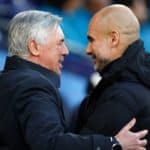Pep Guardiola, manchester City and Carlo Ancelotti of Real Madrid