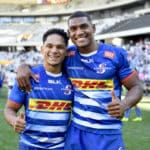 CAPE TOWN, SOUTH AFRICA - APRIL 09: Herschel Jantjies and Damian Willemse of the Stormers celebrate the win during the United Rugby Championship match between DHL Stormers and Vodacom Bulls at DHL Stadium on April 09, 2022 in Cape Town, South Africa. (Photo by Ashley Vlotman/Gallo Images)