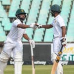 DURBAN, SOUTH AFRICA - MARCH 31: Temba Bavuma of South Africa and Keegan Petersen of South Africa during day 1 of the 1st ICC WTC2 Betway Test match between South Africa and Bangladesh at Hollywoodbets Kingsmead Stadium on March 31, 2022 in Durban, South Africa. (Photo by Darren Stewart/Gallo Images/Getty Images)
