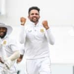 DURBAN, SOUTH AFRICA - APRIL 04: Keshav Maharaj of South Africa celebrates the wicket of Yasir Ali Chowdhury of Bangladesh during day 5 of the 1st ICC WTC2 Betway Test match between South Africa and Bangladesh at Hollywoodbets Kingsmead Stadium on April 04, 2022 in Durban, South Africa. (Photo by Darren Stewart/Gallo Images/Getty Images)